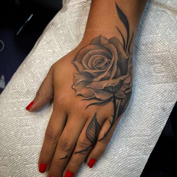 Black and Grey Rose Hand Tattoo, hand tattoos rose