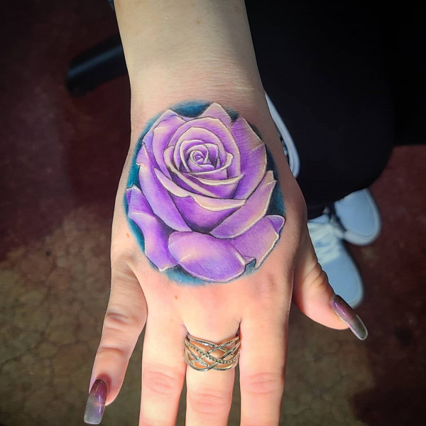 25 Timeless Rose Hand Tattoos : Purple Rose Hand Tattoo