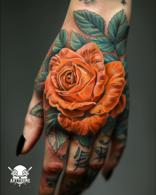 25 Timeless Rose Hand Tattoos : Orange Rose Hand Tattoo