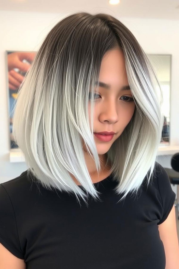 Ombre Platinum Lob with Shadow Roots, icy platinum long bob, icy platinum lob