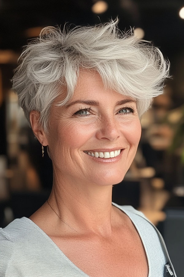 Tousled Silver Pixie, Pixie Haircut For Women Over 50