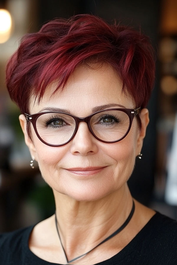 Bold Burgundy Pixie, Pixie Haircut For Women Over 60 with Glasses