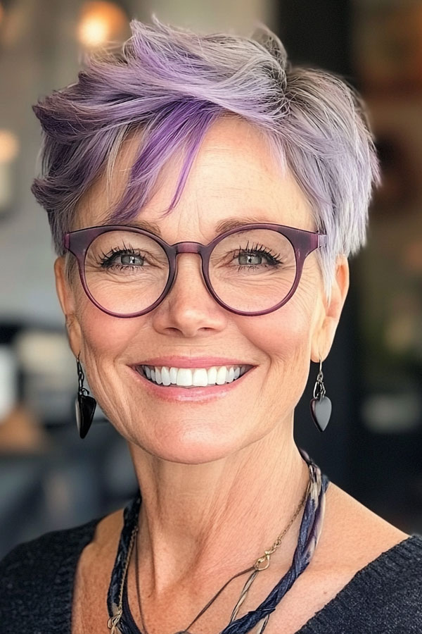 Whimsy Lavender Pixie, Pixie Haircut For Women Over 60 with Glasses