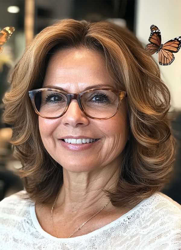 Butterfly Layered Haircut, Medium-Length Haircut For Women Over 60 with Glasses