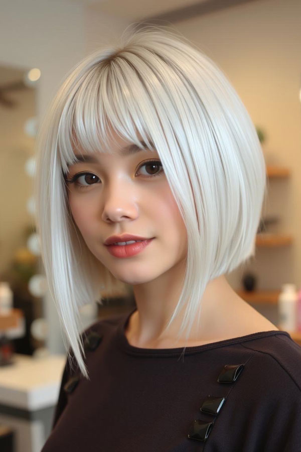 Chic Angled Platinum Bob, icy platinum long bob, icy platinum lob