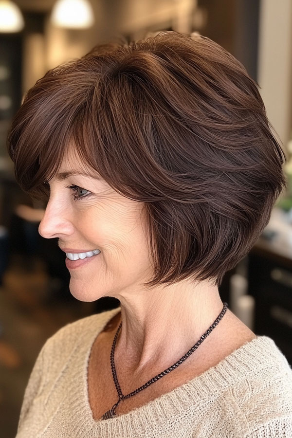 Rich Brown Voluminous Layered Bob, bob haircut for women over 60, bob hairstyle for female over 60