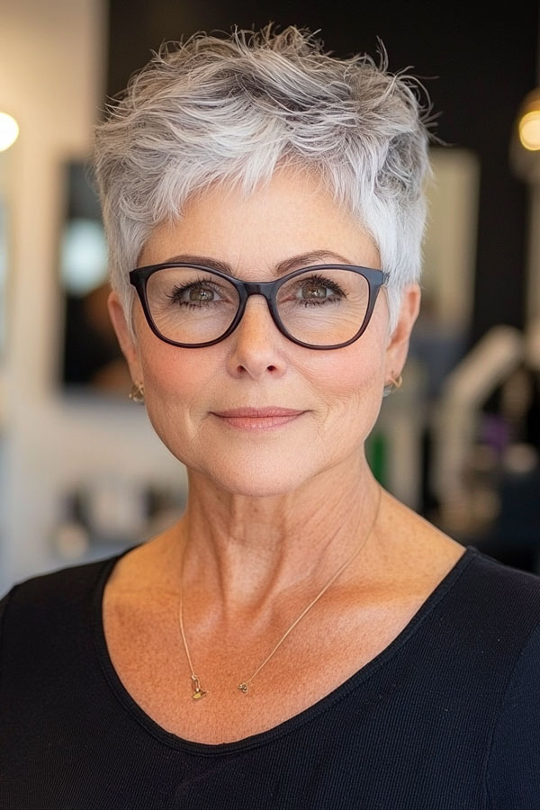 Chic Silver Pixie with Glasses, pixie haircut for women over 60