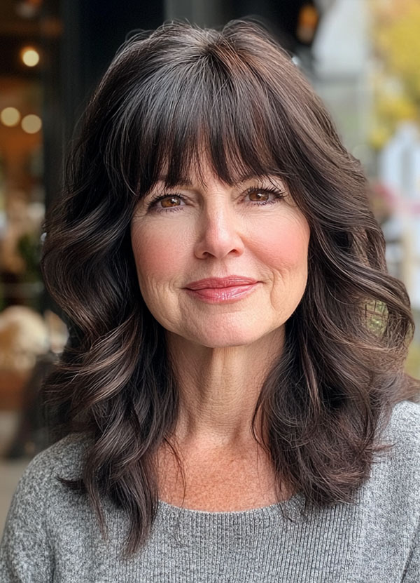 Classic Soft Waves with Bangs, medium-length layered haircuts, mid-length hairstyle for women Over 60 