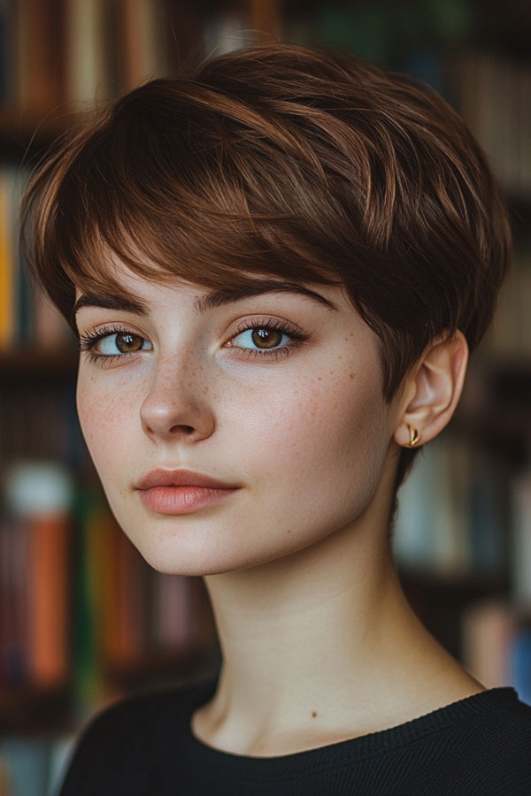 Warm Chestnut Pixie, Effortless Pixie Haircut, short haircut for women