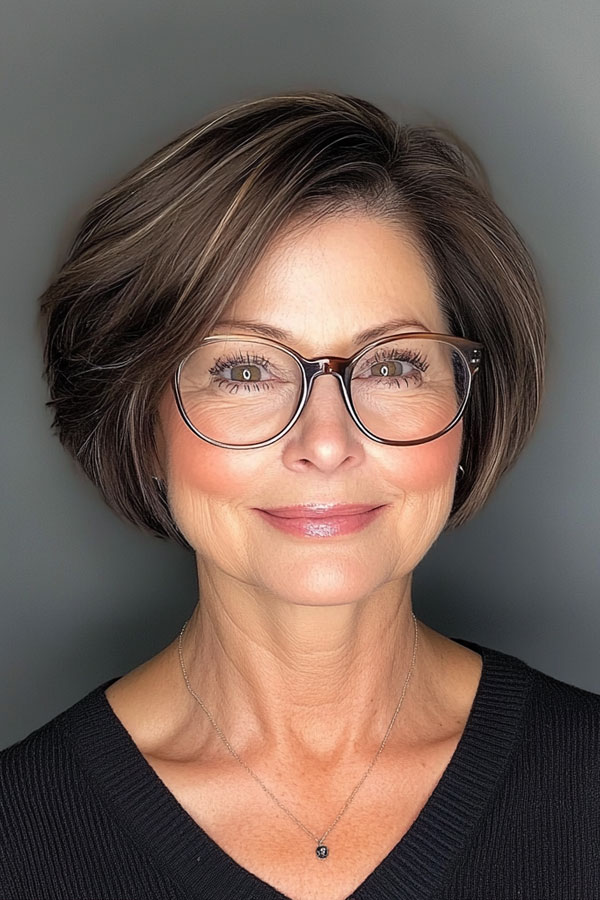 Classic Chocolate Bob, Bob Haircut For Women Over 60 with Glasses