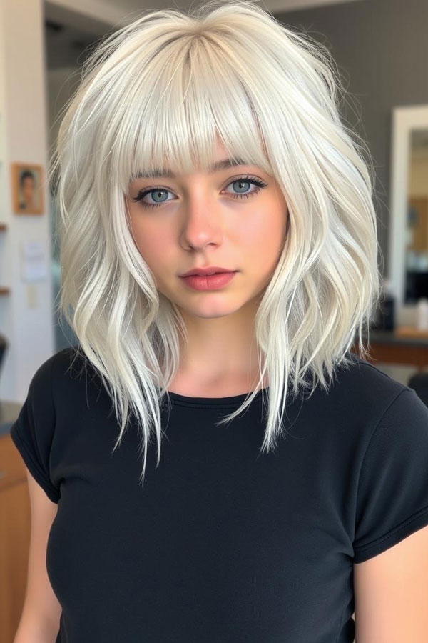 Textured Platinum Shag Bob, icy platinum long bob, icy platinum lob