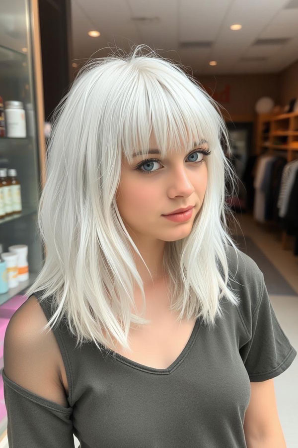 Icy Textured Lob with Blunt Bangs, icy platinum long bob, icy platinum lob