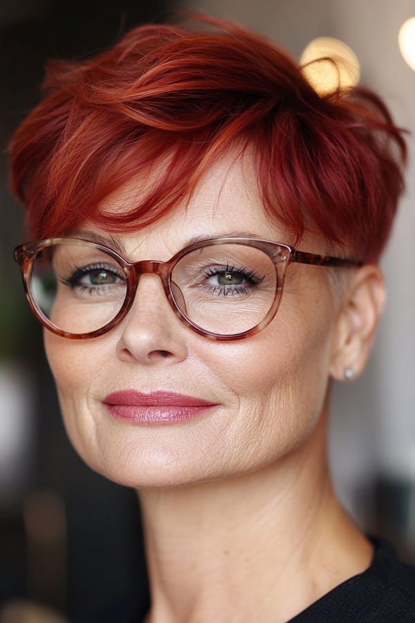 Fiery Red Pixie, Pixie Haircut For Women Over 60 with Glasses