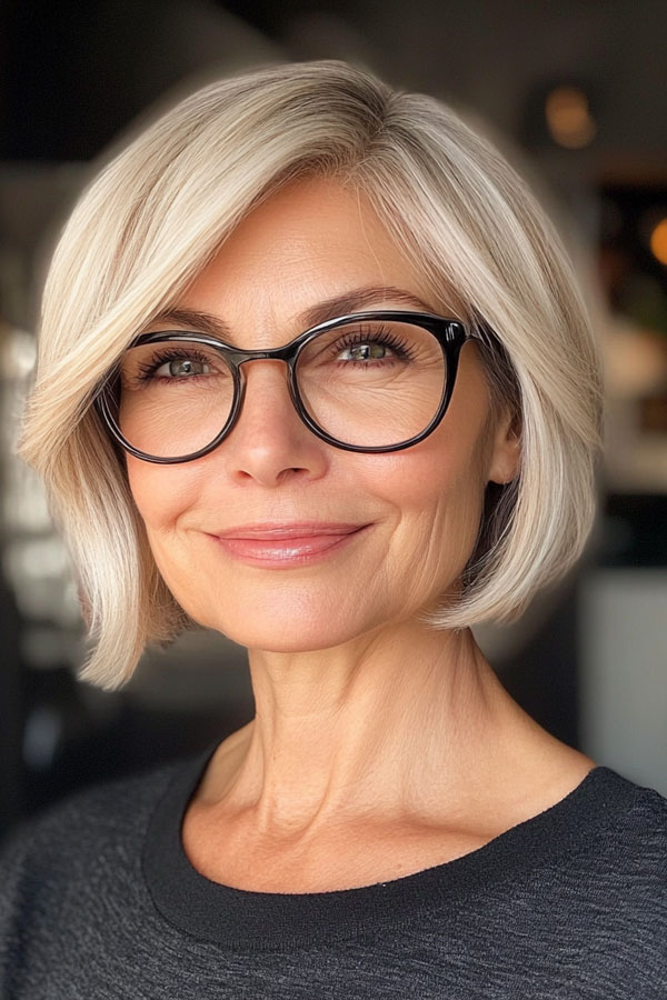 Sleek Platinum Bob, Bob Haircut For Women Over 60 with Glasses