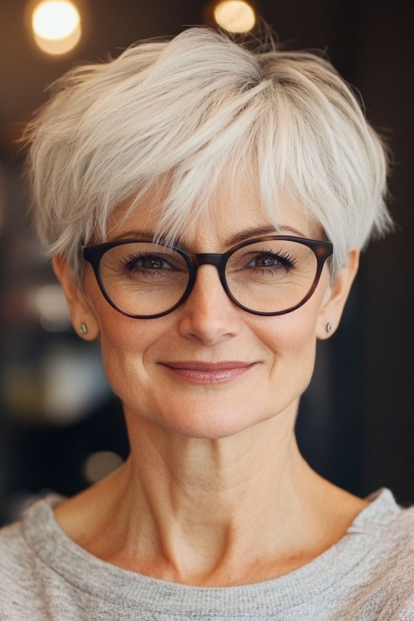 Silver Wispy Layered Pixie, Pixie Haircut For Women Over 60 with Glasses