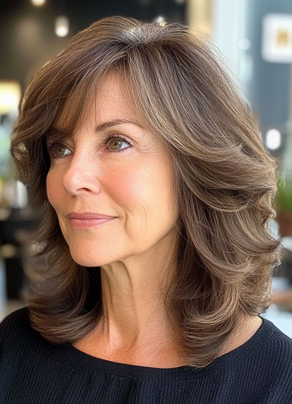 Elegant Ash Brown Layers, Collarbone-Length Haircut for over 60, collarbone Hairstyle For Women Over 60