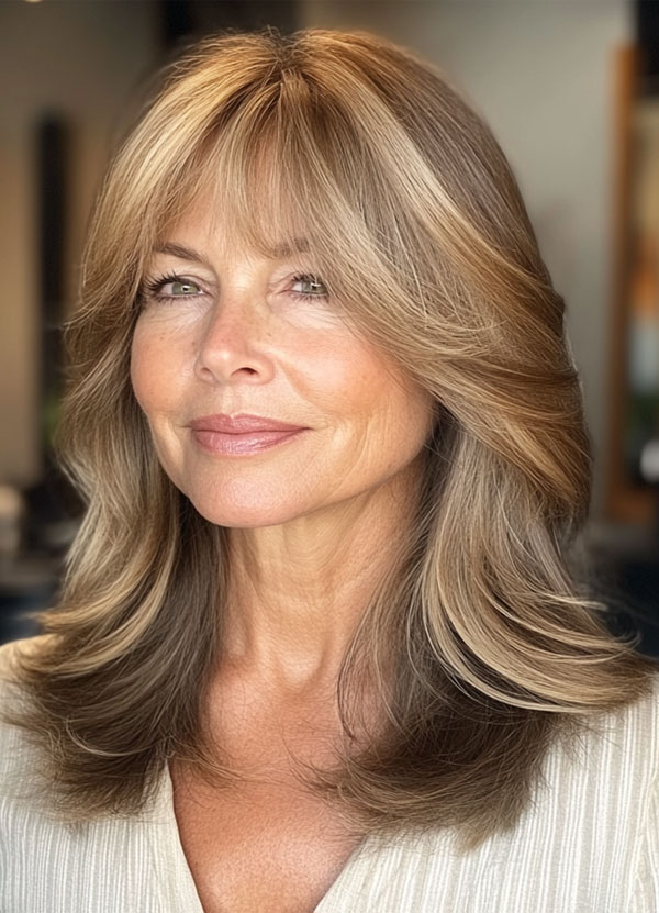 Honey Blonde Layers, medium-length layered haircuts, mid-length hairstyle for women Over 60 