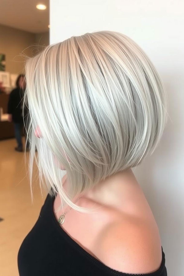 Sleek Platinum Stacked Bob, icy platinum long bob, icy platinum lob