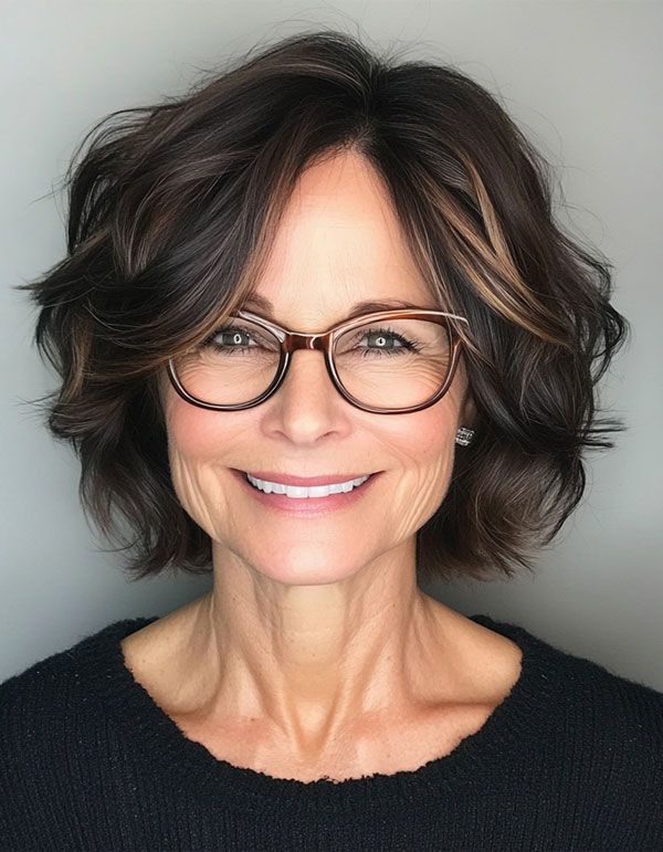 Wavy Brunette layers, Medium-Length Haircut For Women Over 60 with Glasses