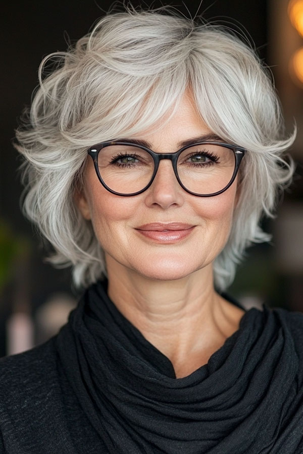 Silver Messy Bixie, Medium-Length Haircut For Women Over 60 with Glasses