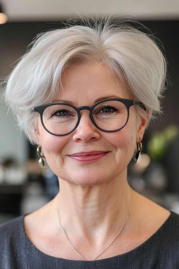 Simple Pixie Cut, Short Haircut For Women Over 60 with Glasses