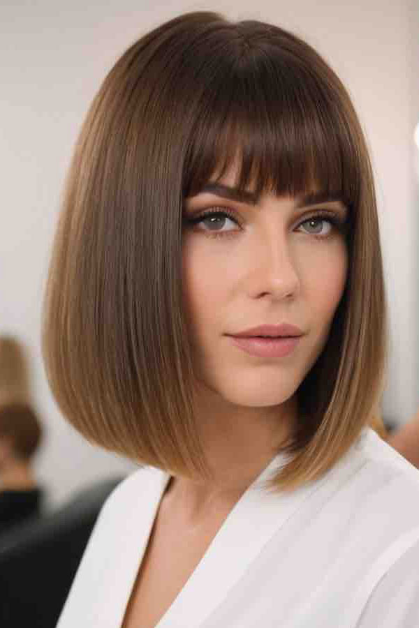 Smooth Caramel Brown Bob with Blunt Fringe, trendy long bob with fringe, long bob hairstyle with bangs