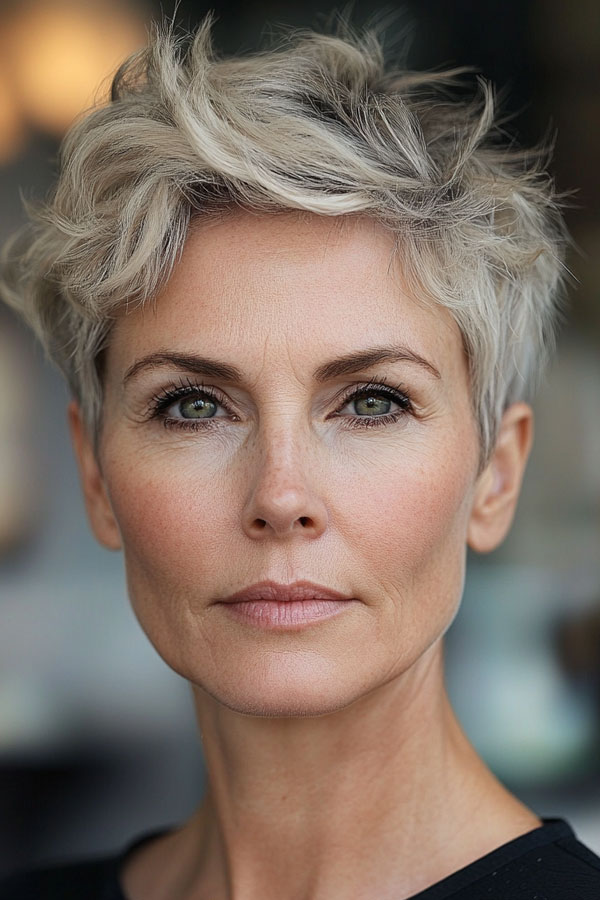 Textured Ash Blonde Pixie,Pixie Haircut For Women Over 50