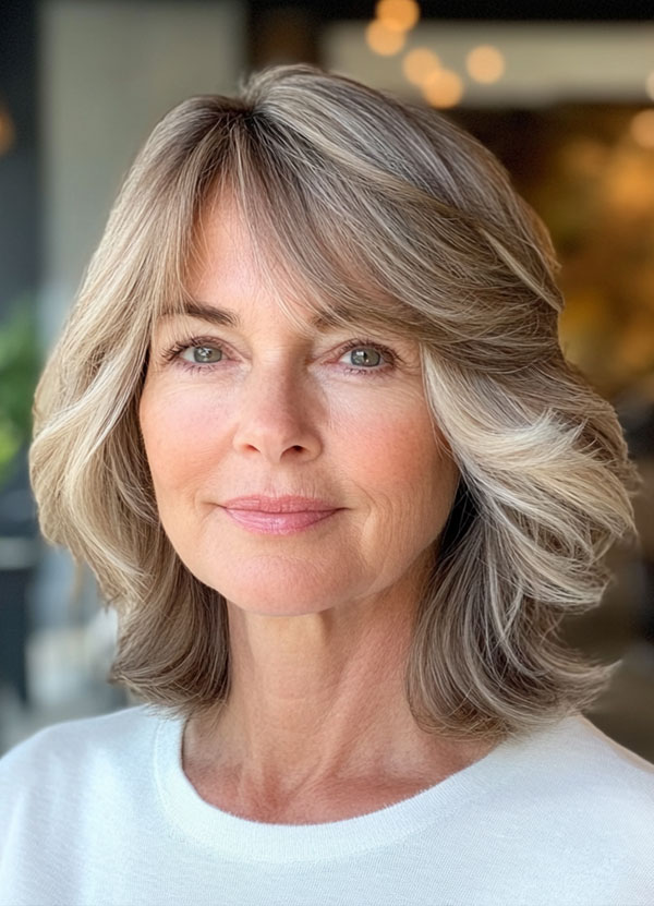 Silver Blonde Layers with Wispy Bangs, medium-length layered haircuts, mid-length hairstyle for women Over 60