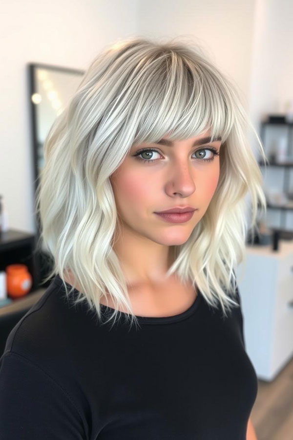 Tousled Platinum Waves with Fringe, icy platinum long bob, icy platinum lob