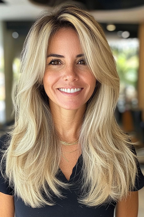 Bright Platinum Layers with curtain bangs, layered haircut for women over 40