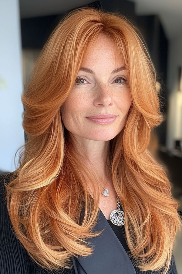 Radiant Copper Cascade, layered haircut for women over 40