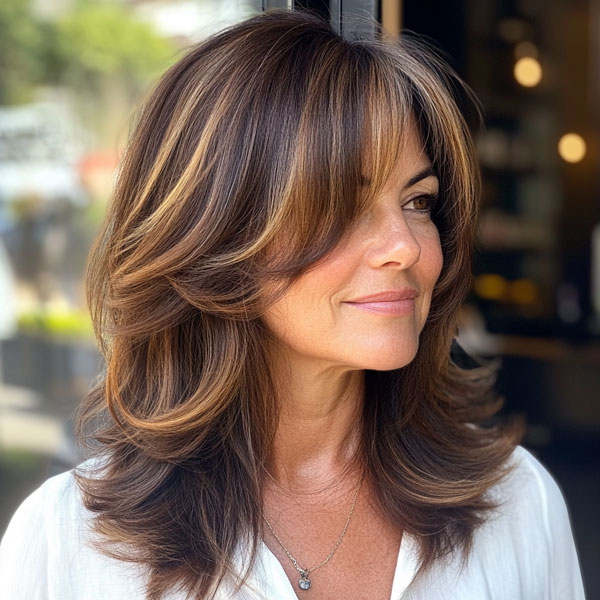 Sunlit Layers with Curtain Bangs, Long Layered Haircut for women over 50, Long Layered Hairstyle for women over 50, butterfly layered haircut