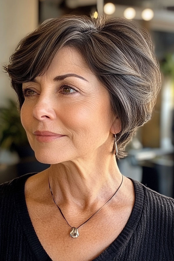 Voluminous Dark Ash Pixie Bob, pixie haircut for women over 60