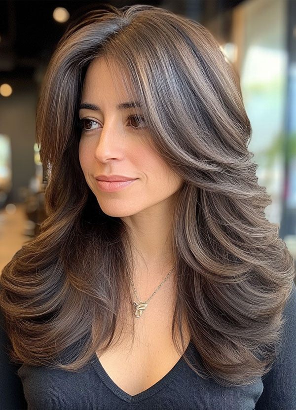 Voluminous Brunette Butterfly Layers, Long Layered Haircuts and Hairstyles For Women Over 40