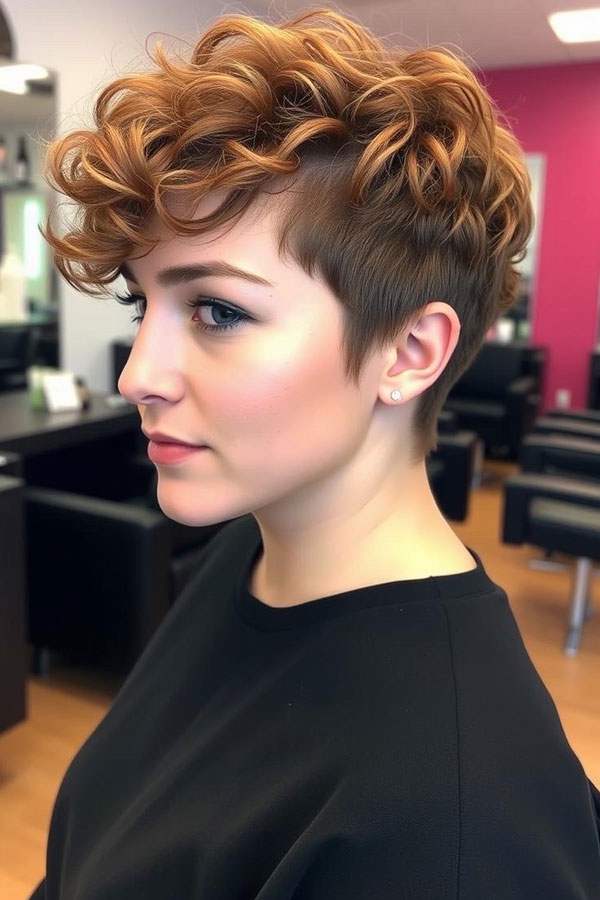 Copper Curls, pixie hairstyle, short haircut