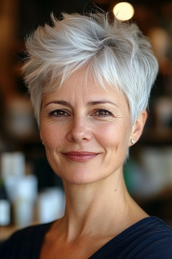 Windswept Silver Pixie, Pixie Haircut For Women Over 50