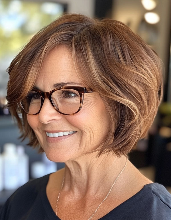 Caramel Highlights Bob, Bob Haircut For Women Over 60 with Glasses