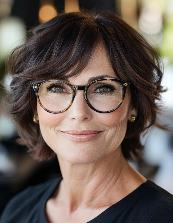 Elegant Tousled Bob with side swept bangs, Short Haircut For Women Over 60 with Glasses