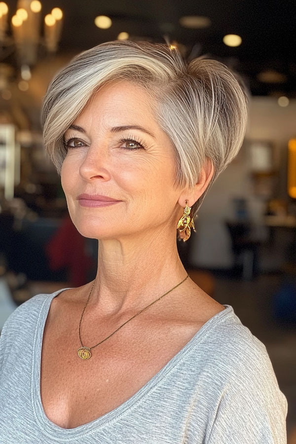 Sophisticated Silver Blonde Pixie Bob, pixie haircut for women over 60