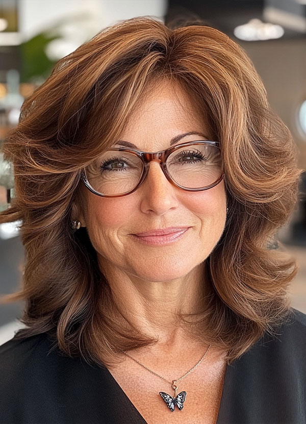 Rich Brown Feathered Layers, Medium-Length Haircut For Women Over 60 with Glasses