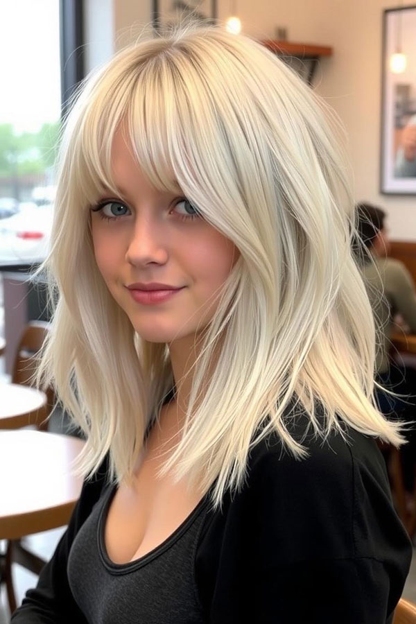 Platinum Blonde Bob with Soft Curtain Fringe, Classic Sleek Bob with Soft Fringe