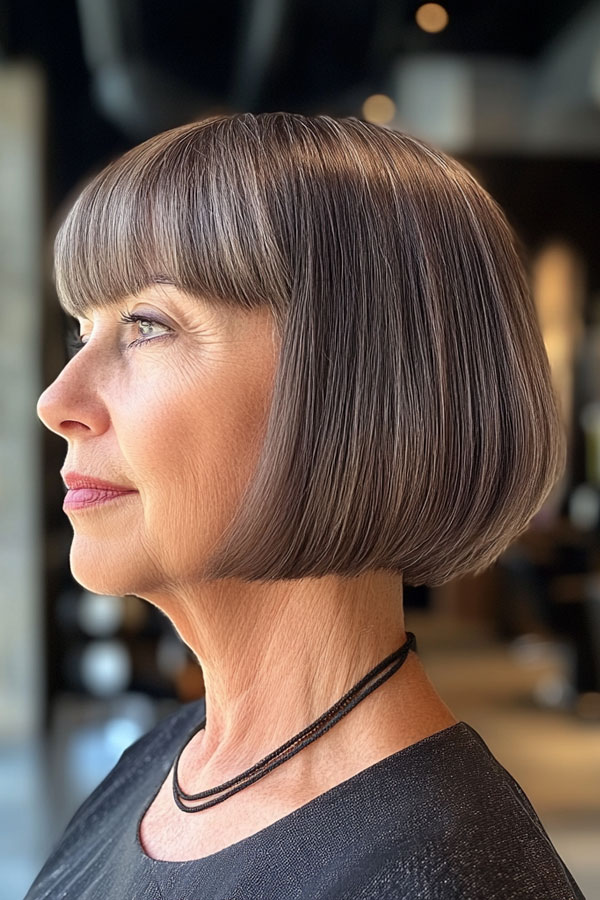 Chic Blunt Bob with Bangs, bob haircut for women over 60, bob hairstyle for female over 60