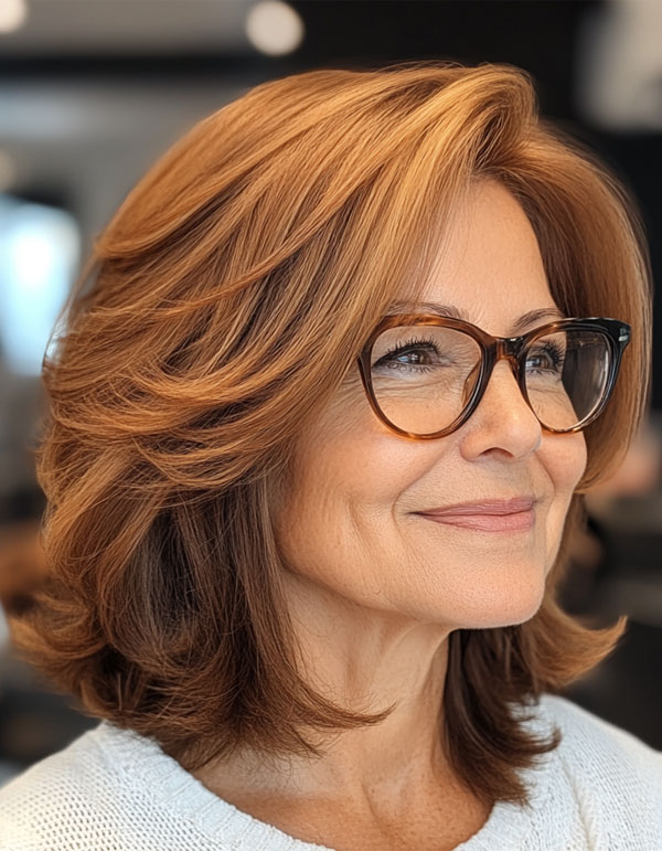 Warm Honey Blonde Layered Bob, Medium-Length Haircut For Women Over 60 with Glasses