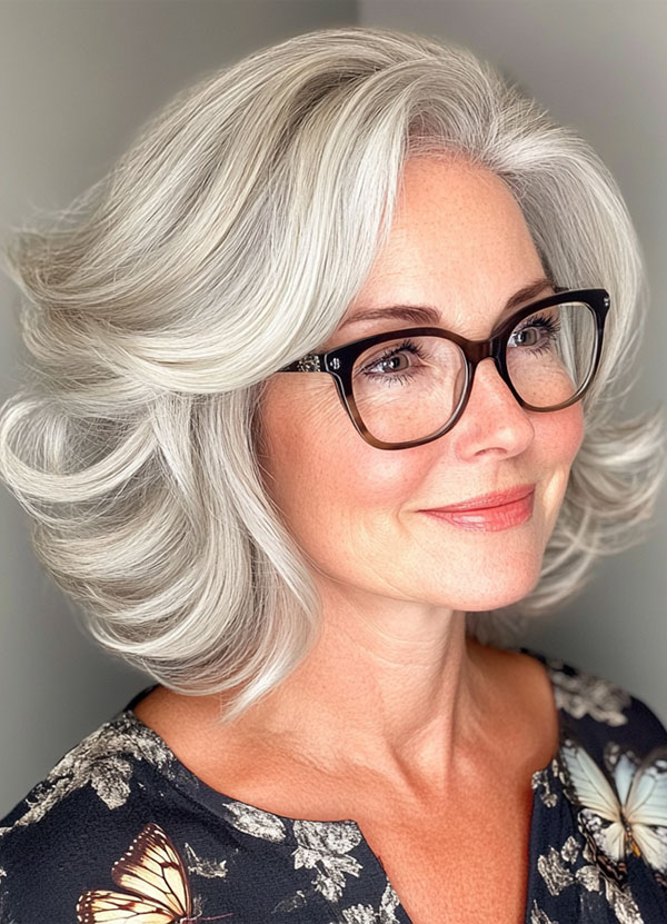 Silver Fox Layers with Curtain Bangs, Medium-Length Haircut For Women Over 60 with Glasses