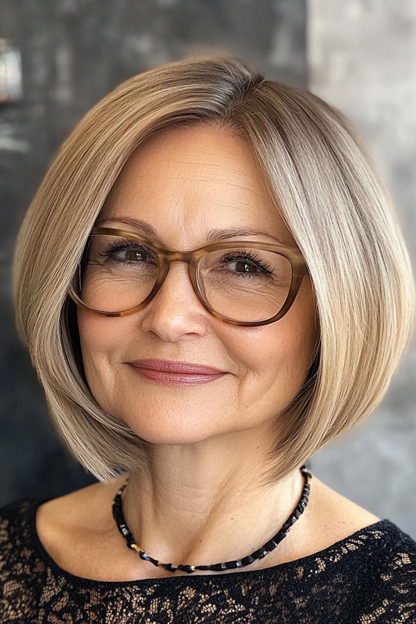 Soft Golden Blonde Bob, Bob Haircut For Women Over 60 with Glasses