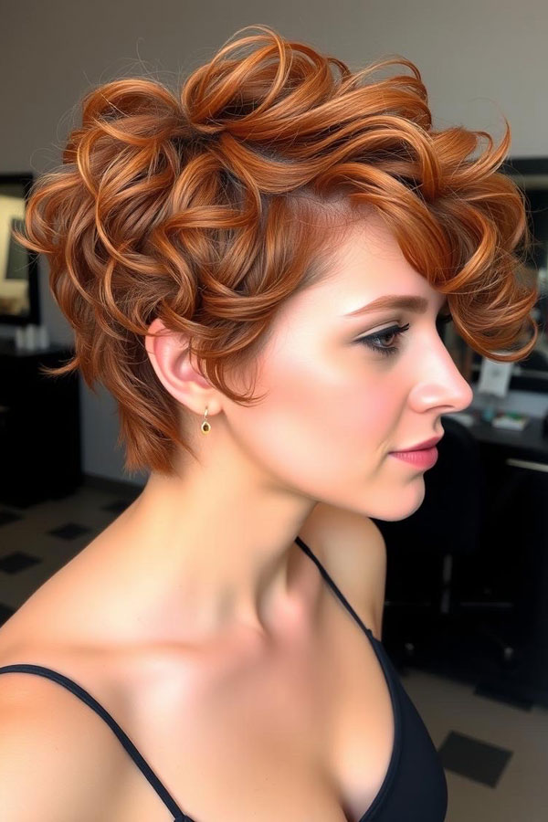 Fiery Red Curled Pixie, pixie hairstyle, short haircut