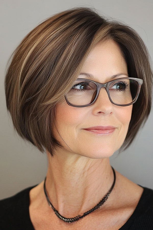 Sleek Brown Bob, Bob Haircut For Women Over 60 with Glasses