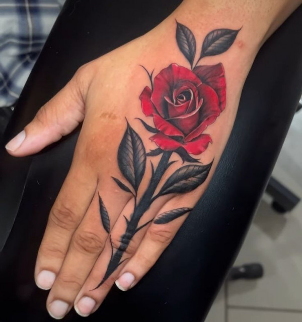 Red and Black Rose Hand Tattoo, hand tattoos rose