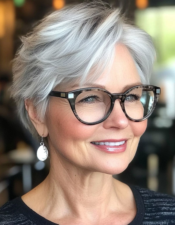 Silver-White Pixie, Pixie Haircut For Women Over 60 with Glasses