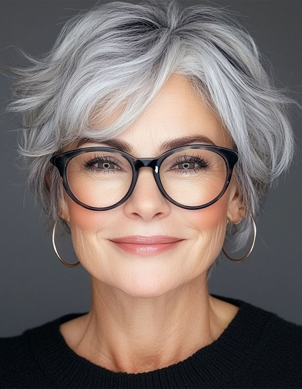 Modern Silver Pixie, Short Haircut For Women Over 60 with Glasses